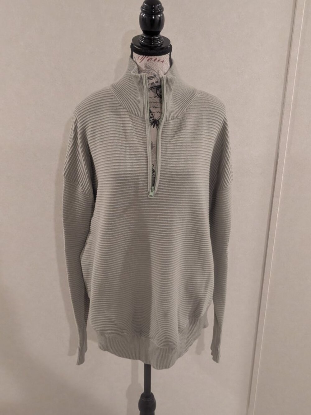 Sage Green Ribbed Quarter Zip Pullover Sweater XL Ottoman Knit Slouchy - Picture 2 of 9